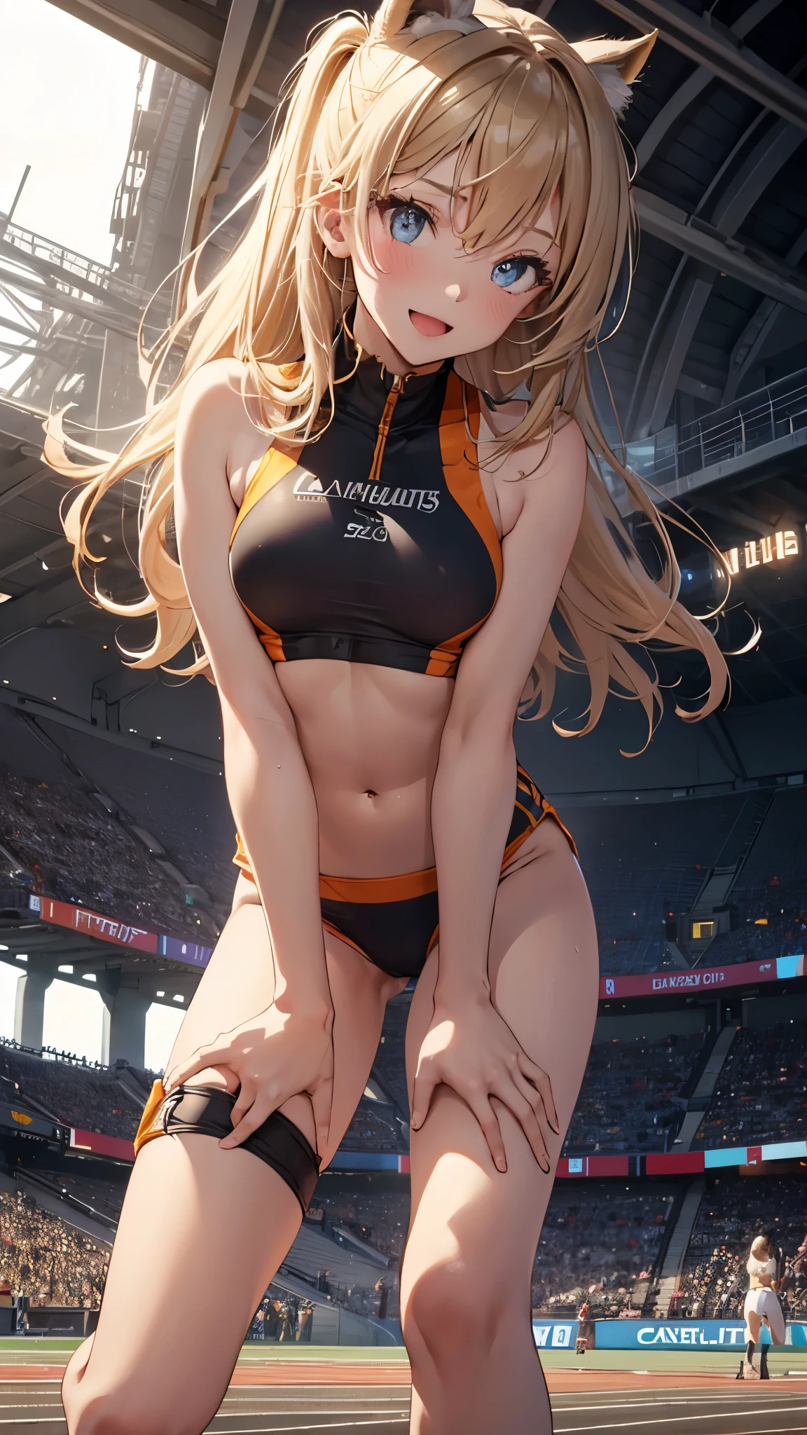 Athletics Stadium,1girl,smile,open mouth,slender,track and field athlete,(Shiny Costumes:1.3),small breasts,midriff,abs,navel,(cameltoe:1.3),sweat,(((leaning forward ,hands on knees))),from below,masterpiece,Noise Reduction,perfect anatomy,high resolution, ultra-detailed, ultra-detailed face,game cg,dutch angle ,beautiful detailed eyes,visualart,five fingers, perfect hands, perfect lighting, sparkling pupils,