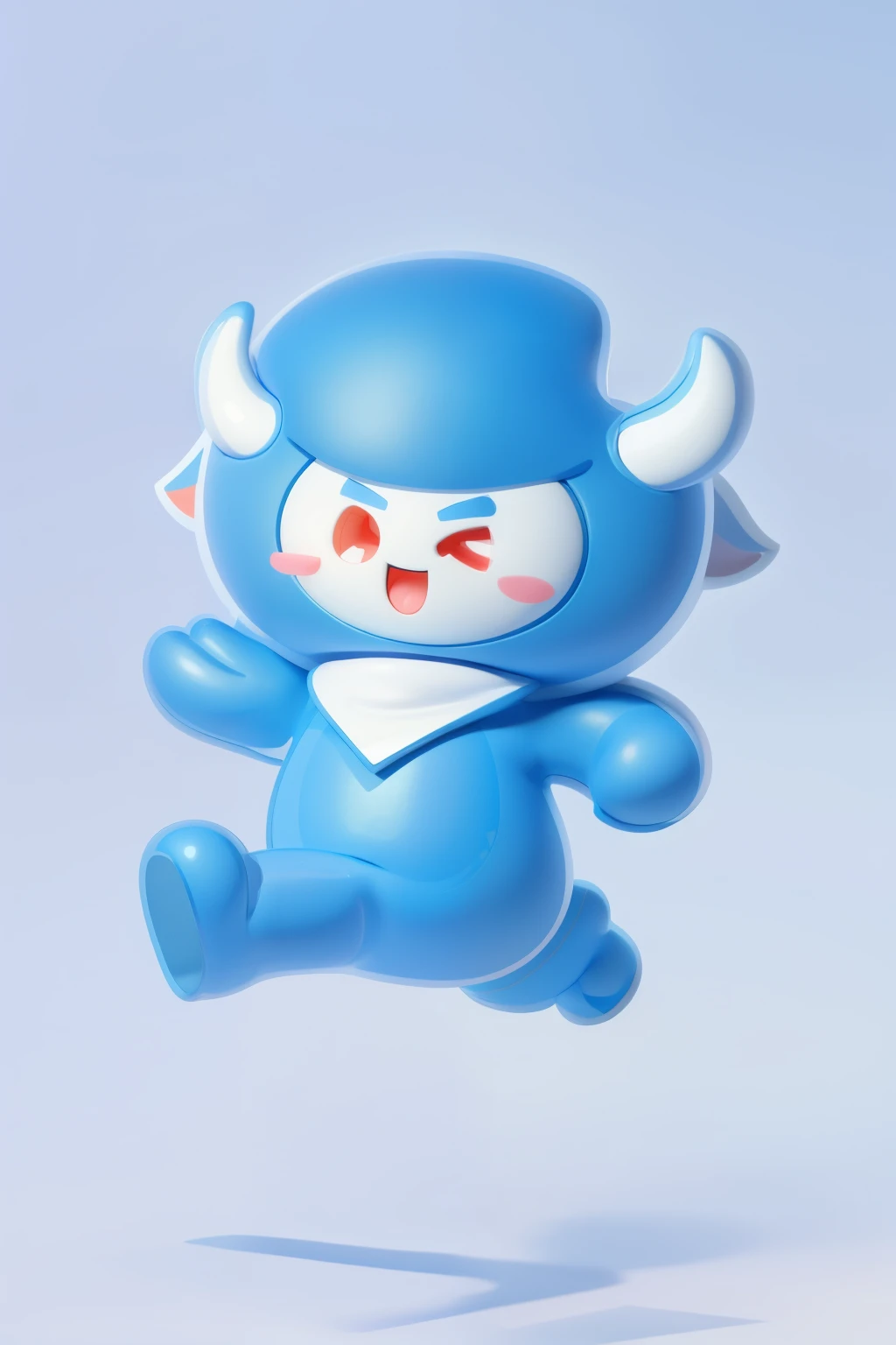 A cute blue cartoon mascot with blue and white color scheme, white face, two horns on its head, wearing a triangular scarf, smiling with its mouth open, jumping in the air, simple background, white background, simple lines and Shaped character design surreal, full body, blushing, beady eyes, 3D effect, clear outline light, rim light, spotlight, 8k