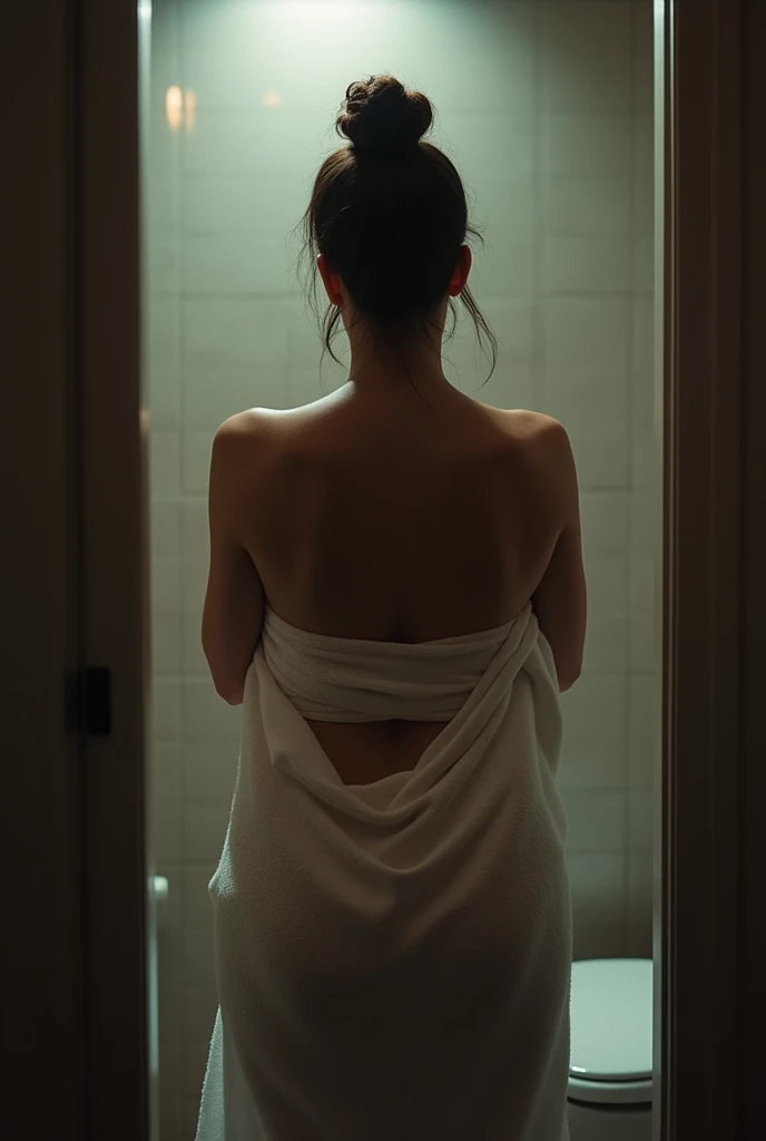 igh detailed, 4k, Masterpiece, Cinematic Lighting, voluptuous woman with a curvy body ,have secret sex with blackman, in a bathroom, naked, she is wearing a towel around her body, bun, depth of field, from behind,
