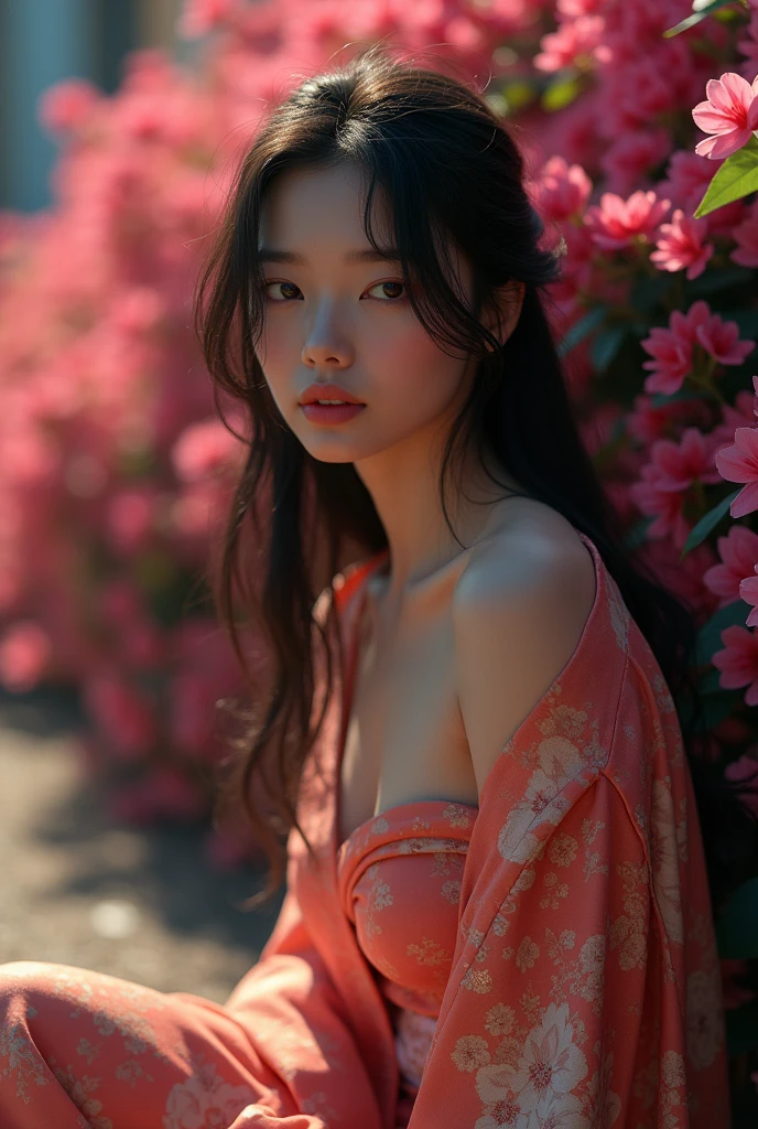 masterpiece, The best quality, Ultra-high resolution, High detail photo, Unity 8K Wallpaper, Extremely detailed CG:1.2), depth of field, bokeh, (RAW photo:1.realistic photography:1.4), (1girl:1.5), young, physically based representation, beautiful, (Finely detailed face:1.4, detailed clothing), (detailed:1.4) named (Eimi Fukada:1.1) BREAK Cara hermosa, depth of field, Add layer, hyperrealistic, 2, perfect body model, perfect breasts, 175cm tall, pose sexy, full body, Whole body, Model Body Type, BREAK (kimono:1.2), (Long hair:1.2), double eyelid, BREAK (sitting on the ground: 1.5), (Pink bougainvillea mess in background:1.4), (night time:1.2),