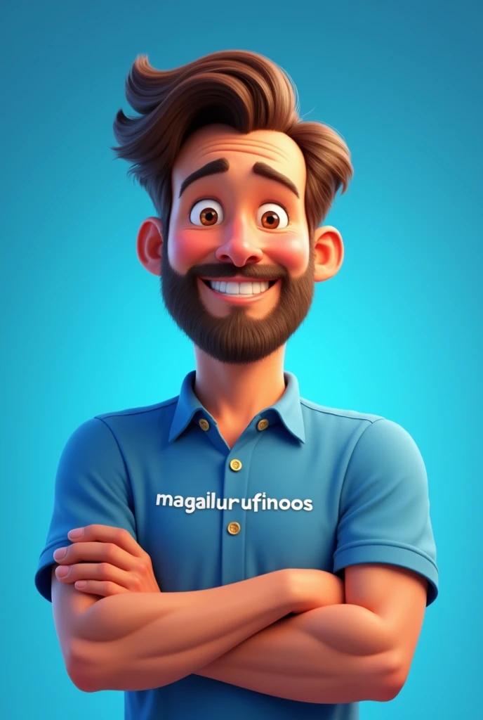 Pixar drawing of a handsome 2 man with brown eyes, beard, medium straight wavy hair, wearing a blue shirt with "Magalurufinoos" written on it, happy, with his arms crossed, facing the camera. with blue studio background