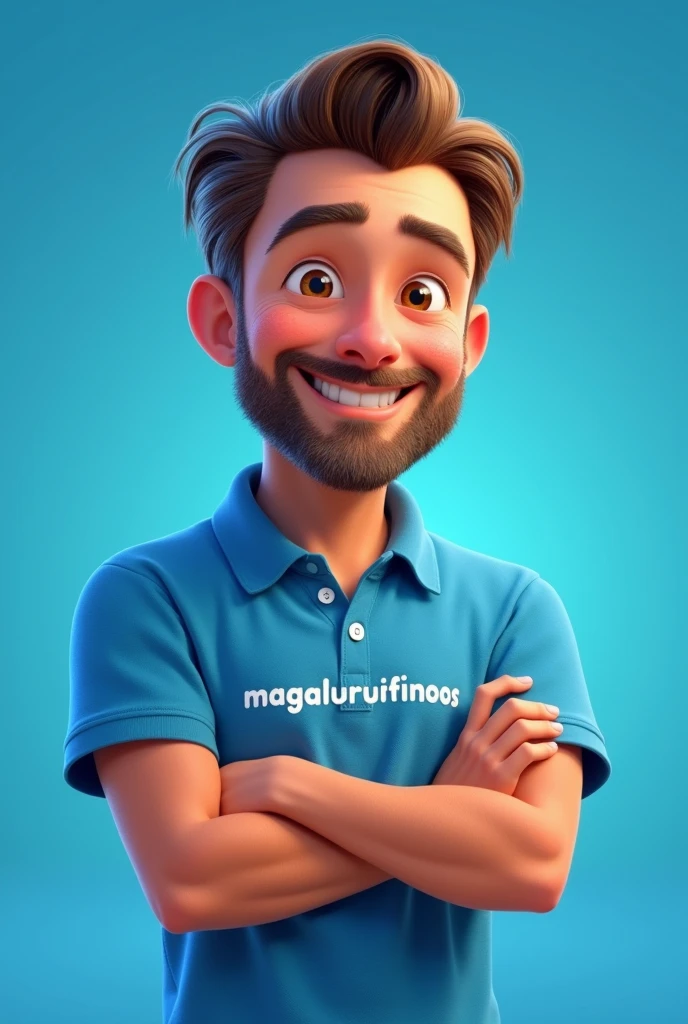 Pixar drawing of a handsome 2 man with brown eyes, beard, medium straight wavy hair, wearing a blue shirt with "Magalurufinoos" written on it, happy, with his arms crossed, facing the camera. with blue studio background