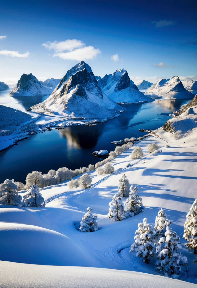 Snow Scenery, The Nordic snow scenery in Norway and Sweden has a special charm, and regions such as the Lofoten Islands are famous for their spectacular snow scenery, (best quality, masterpiece, photorealistic), very aesthetic, perfect composition, intricate details, ultra-detailed, vivid colors