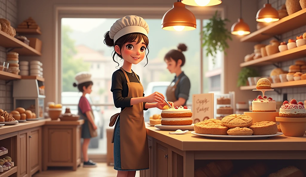 Large pastry shop with 2 shelves with work table for pastries, cookies, sandwiches, cupcakes, pretty girl round face hair in bun wearing chef hat brown hairless face decorating cake, Medium eyes, girl's smile, black blouse and brown apron, honey-colored eyes, long denim skirt, black tennis shoes, 2 people in the background named Ivonne