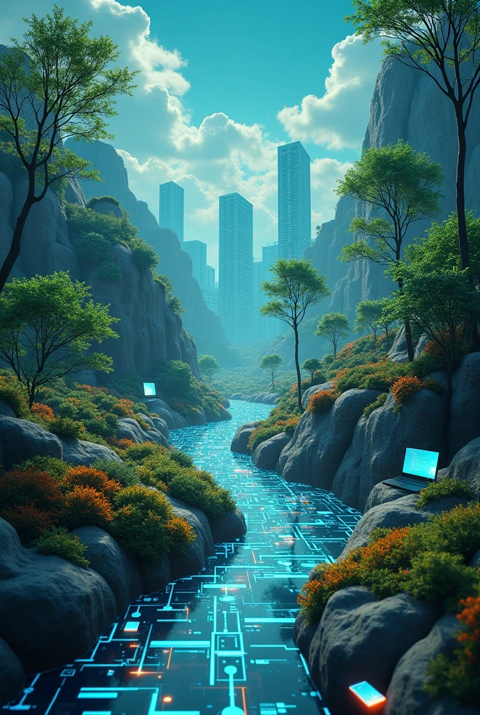 poster background of A interconnected network of digital pathways leading to a innovative future. Include symbols of technology (e.g., smartphones, laptops, coding), sustainability (e.g., trees, clean energy),
