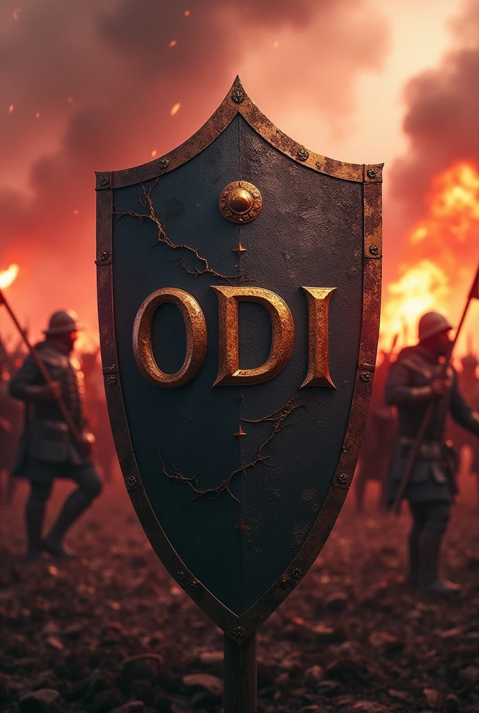 Shield with the word ODI in capital letters and black and reddish tones, that includes a battle between 2 armies, set in the year 1900