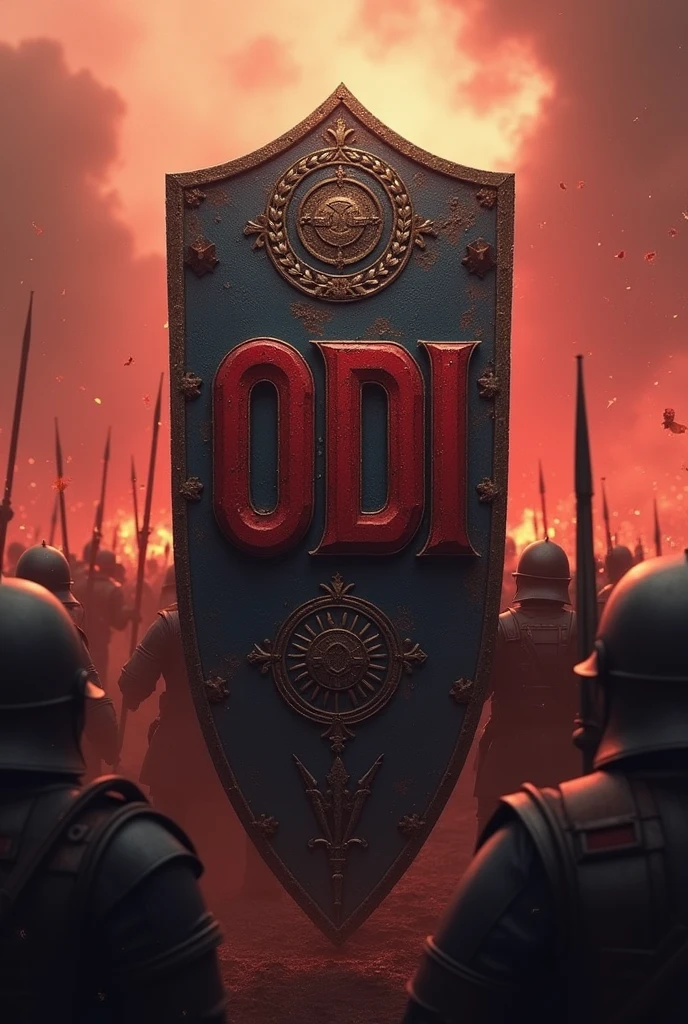 Shield with the word ODI in capital letters and black and reddish tones, that includes a battle between 2 armies, set in the year 1900