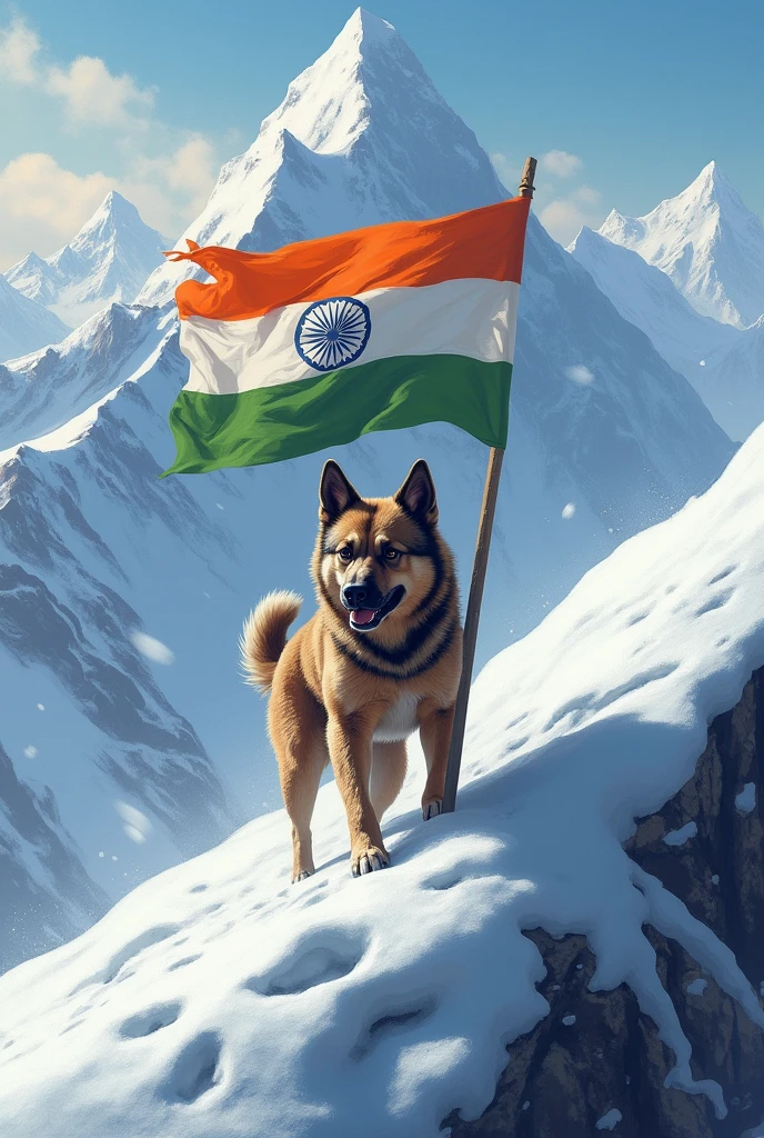 The dog climbing the mount Everest with Indian FLAG in the snow 
