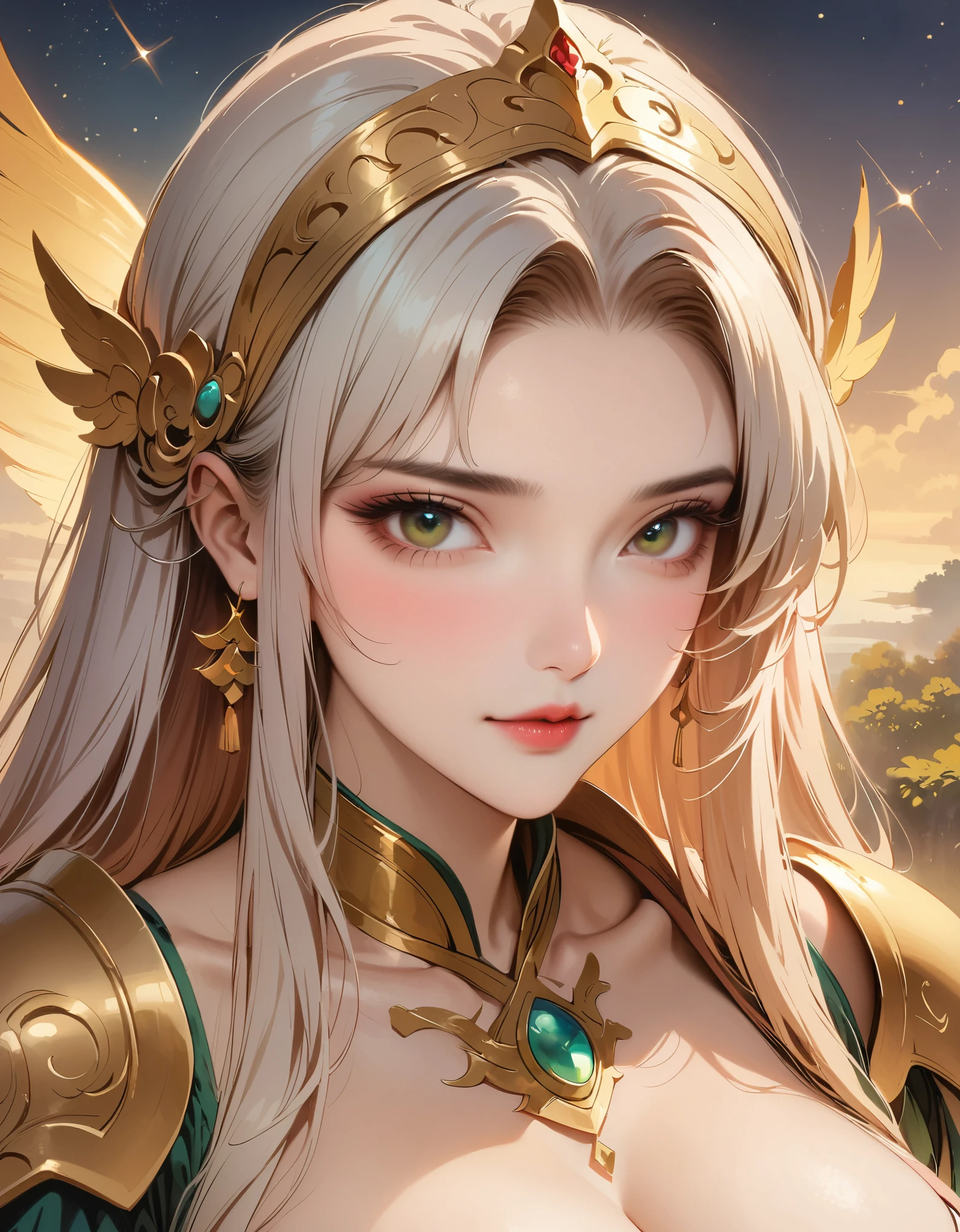 Master works, masterpieces, high quality, extreme detail, classical beauty, (1 female,huge oppai,white long hair), (wearing a loose golden armor), ((delicate face)), (best details), ((green eyes)), ((Golden headdress)),(open pose) ,sun, moon and stars background, ambitious