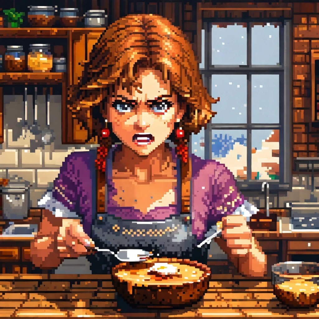 A woman gets angry after her pudding is eaten, in a pixel art style, detailed , best quality, masterpiece, ultra intricate detailed, high detailsone, in a pixel art style, detailed , best quality, masterpiece, ultra intricate detailed, high detailsone
