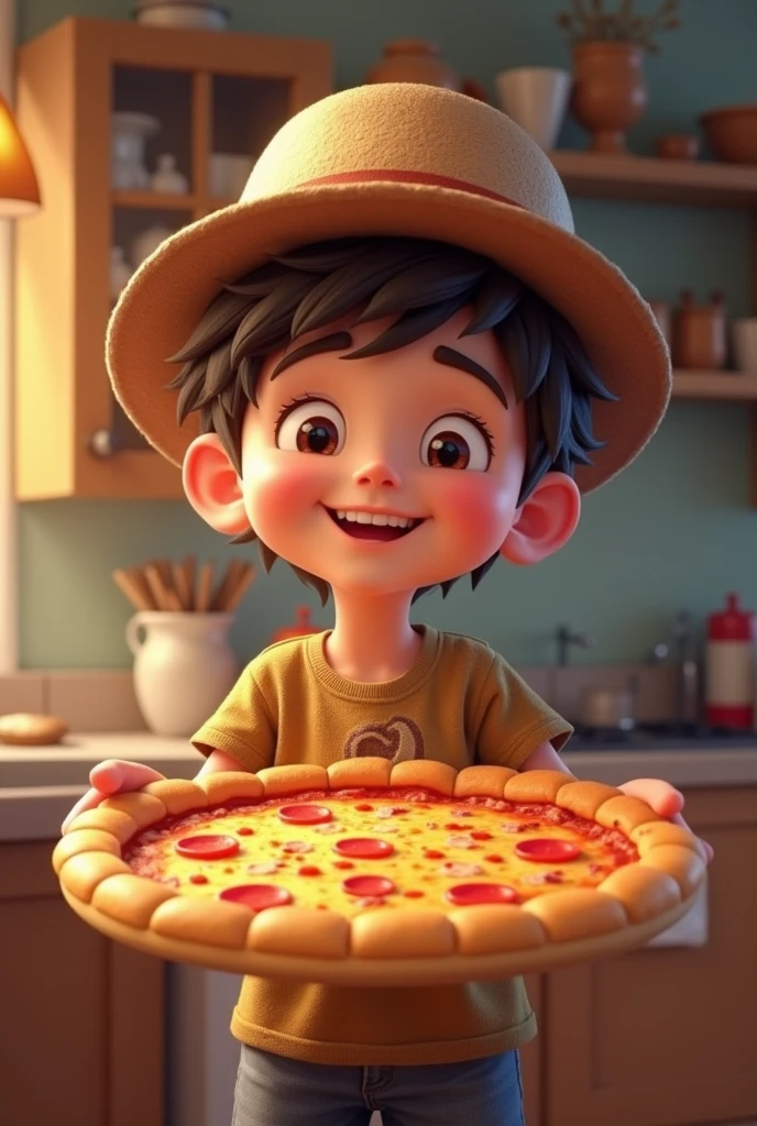 a boy holding a pizza with a hat on his head