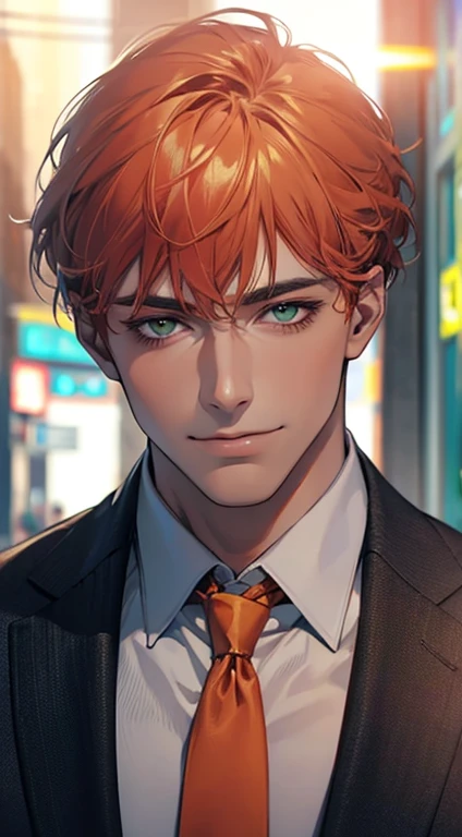 (Highest quality,4K,8K,High resolution,masterpiece:1.2),Super detailed,(Realistic,photoRealistic,photo-Realistic:1.37),1 personld,Mature Men,Beautiful skin、very handsome,Expressionless smile in love,Short orange hair,green eyes,Sharp Eyes,A perfect face without a doubt,Businessman, CEO, Office Background,Cinema Lighting,HDR image,tie、