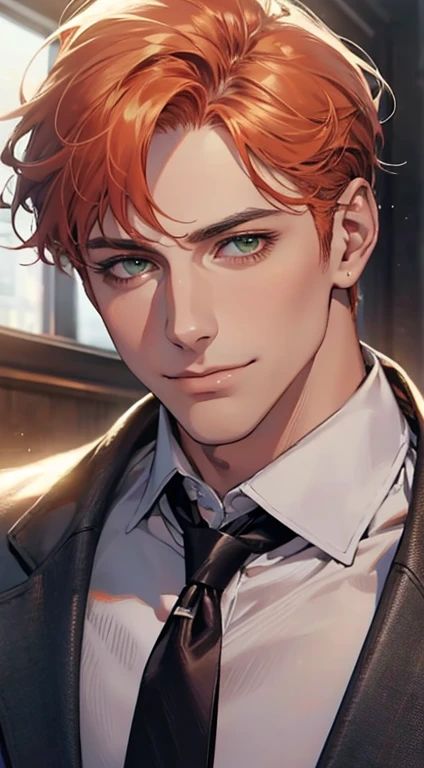(Highest quality,4K,8K,High resolution,masterpiece:1.2),Super detailed,(Realistic,photoRealistic,photo-Realistic:1.37),1 personld,Mature Men,Beautiful skin、very handsome,Expressionless smile in love,Short orange hair,green eyes,Sharp Eyes,A perfect face without a doubt,Businessman, CEO, Office Background,Cinema Lighting,HDR image,tie、