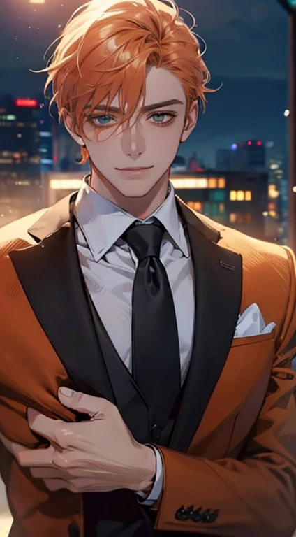 (Highest quality,4K,8K,High resolution,masterpiece:1.2),Super detailed,(Realistic,photoRealistic,photo-Realistic:1.37),1 personld,Mature Men,Beautiful skin、very handsome,Expressionless smile in love,Short orange hair,green eyes,Sharp Eyes,A perfect face without a doubt,Businessman, CEO, Office Background,Cinema Lighting,HDR image,tie、