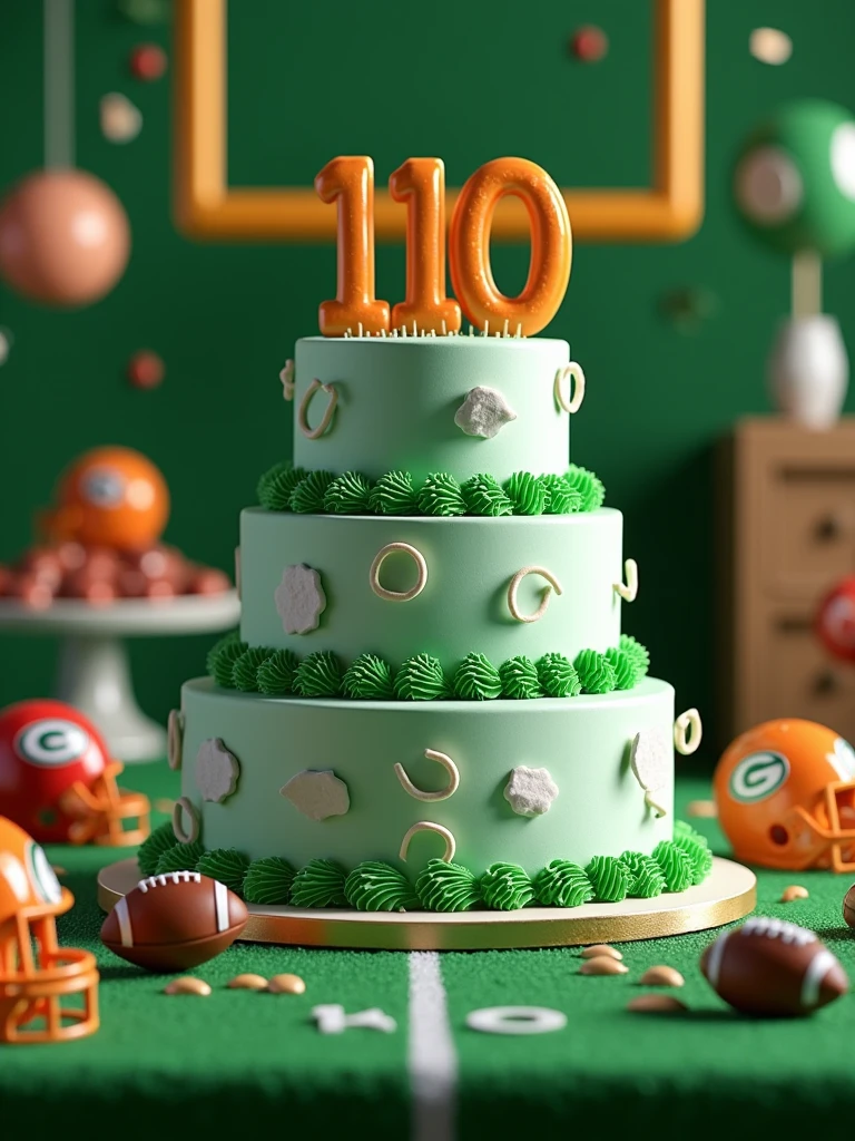 birthday cake in green and white colors with the word 110 written on it on a table decorated with a football theme