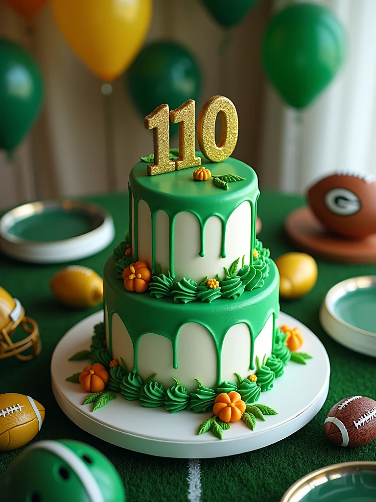 birthday cake in green and white colors with the word 110 written on it on a table decorated with a football theme