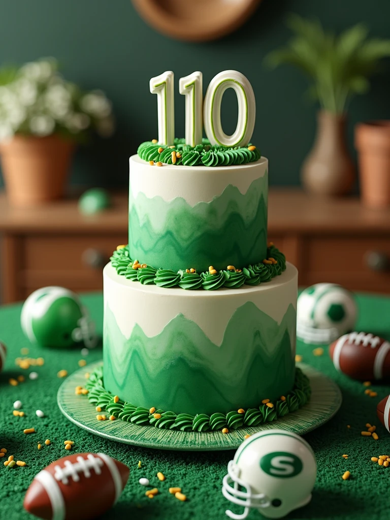 birthday cake in green and white colors with the word 110 written on it on a table decorated with a football theme
