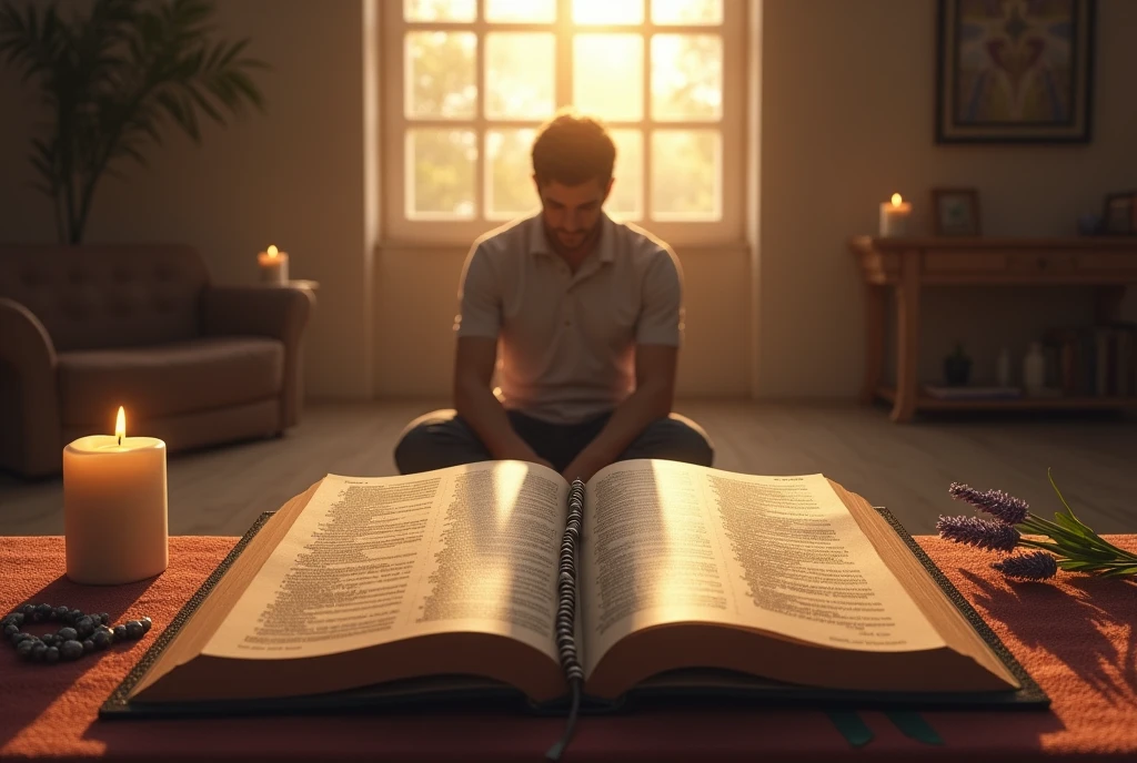 Create a realistic and inspiring scene that highlights a Bible as a background in an ideal environment for prayer. Imagine a quiet and cozy space at dawn, with soft natural light entering through a large window. Place the Bible on a simple pedestal or altar in the center of the scene, with visible open pages revealing passages of text that suggest a message of hope and faith.
Around the Bible, create a prayer environment with a modestly decorated table or altar, including lighted candles, a rosary, and fresh flowers such as lilies or lavender that add a touch of beauty and serenity. In the foreground, place a person in a prayer position - kneeling or sitting in a comfortable seat - with an expression of peace and contemplation, reflecting a deep spiritual connection.