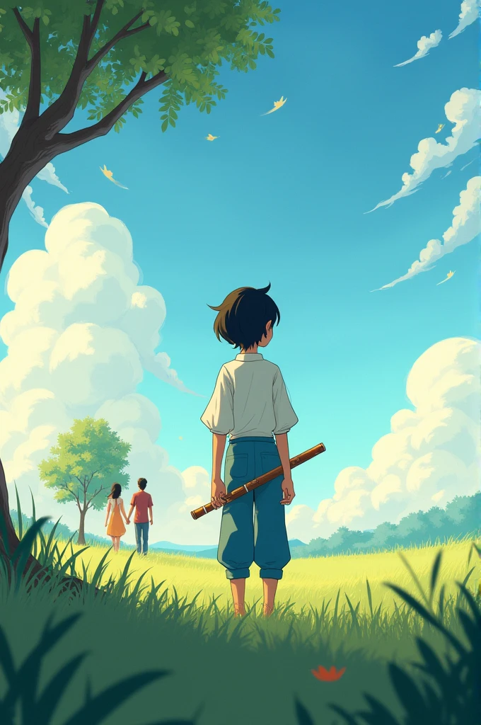 tree, 1boy, outdoors, dress, standing, grass, night ,sky, short_sleeves, black_hair, shirt, scenery, from_behind, brown_hair, blue_sky, barefoot, white_shirt, hetero, pants, cloud, facing_away, short_hair, sunlight, holding_hands, couple, puffy_sleeves, nature, mention the boy name is DEV which is written in his tshirt and the boy has a flute in his hand