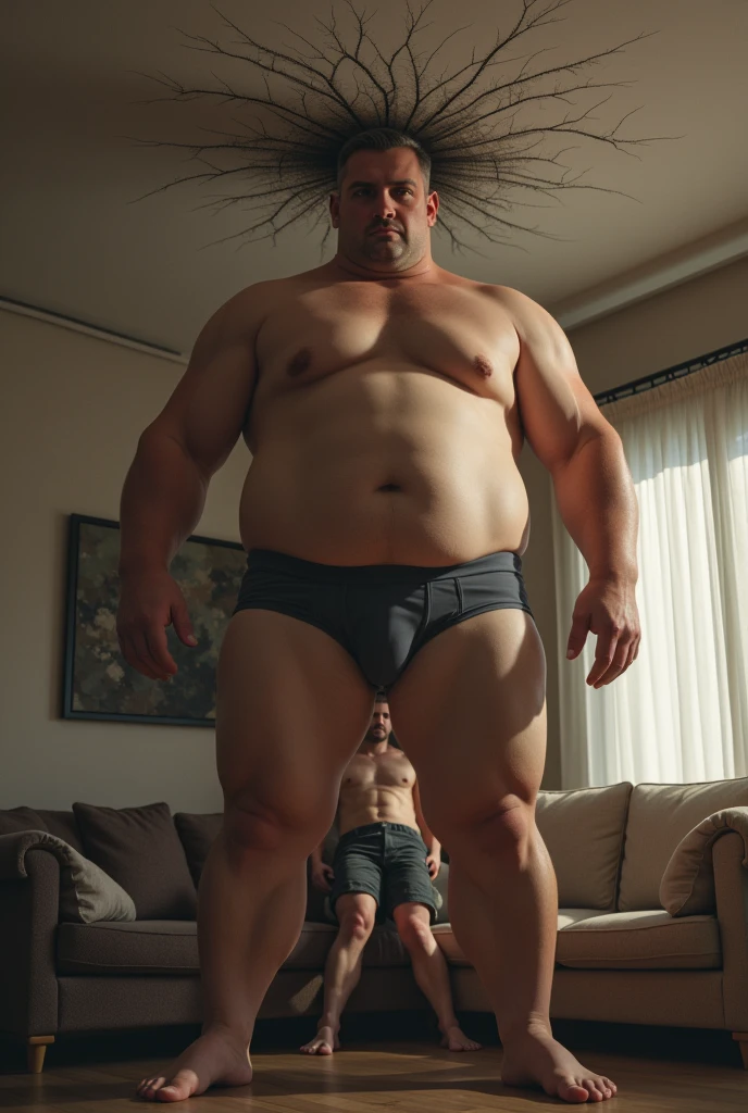 Chris evans sucking another mans willy on the couch. Realistic 4k Realism ,giant size difference ,head reaching on the ceiling ,1man very giant size difference ,head touching the ceiling ,macro size ,Cracks the ceiling  ,shirtless ,wearing boxers, erection under clothing,