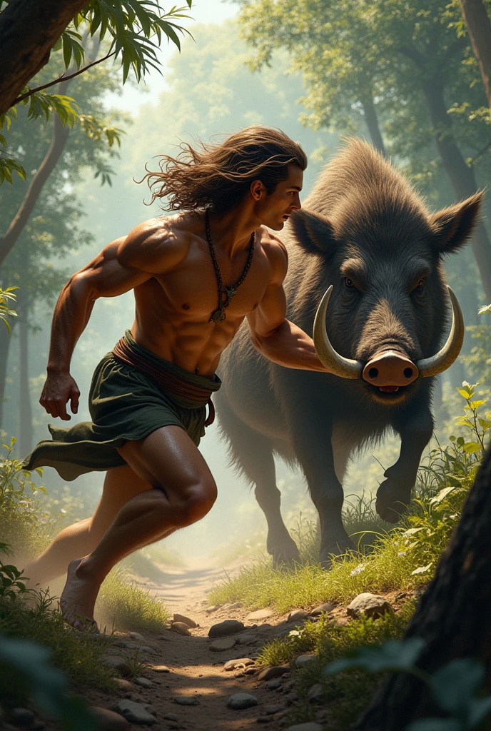One day, while Adonis was hunting, a wild boar attacked him, do it with brown hair