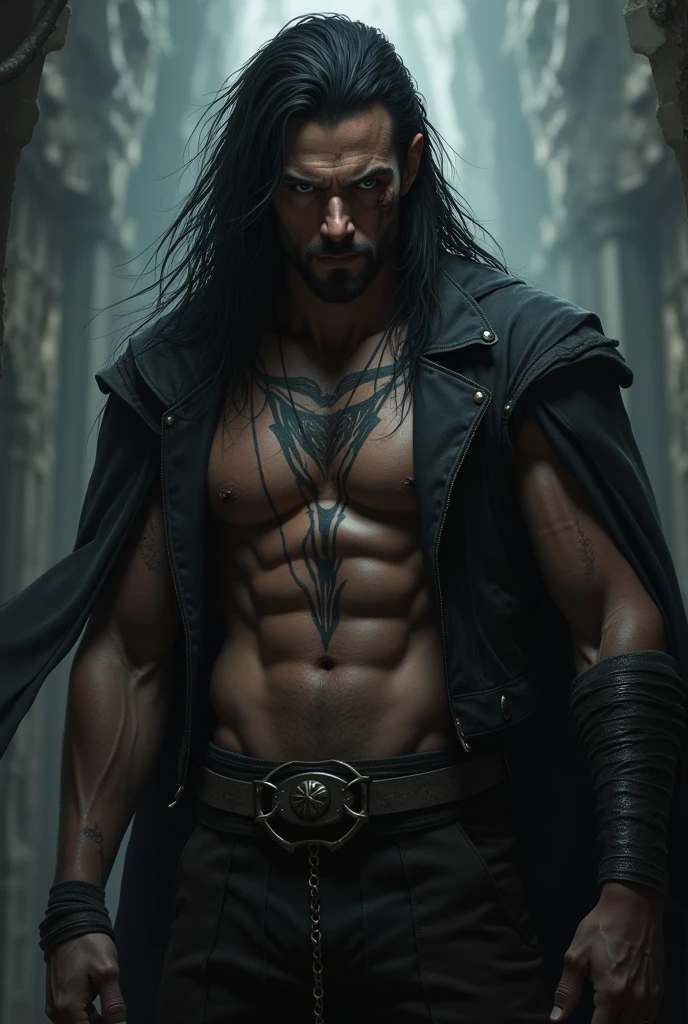 Dark-skinned man with grey eyes, black hair and a tattoo on the abdomen (in triangular shape) with scars on the face (dark fantasy) and 2
