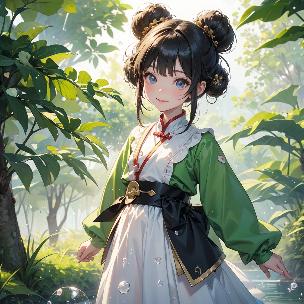 A chibi child girl had a small face and Wearing white little Taoist priest's outfit. A pair of big round eyes shone with curiosity about him. This child was so cute, Background is trees, vegetables, lush green, with water drops after rain, with water droplets everywhere, green
her hair is black with two buns on her hair.small chibi, chibi baby, smiling ,Chibi.