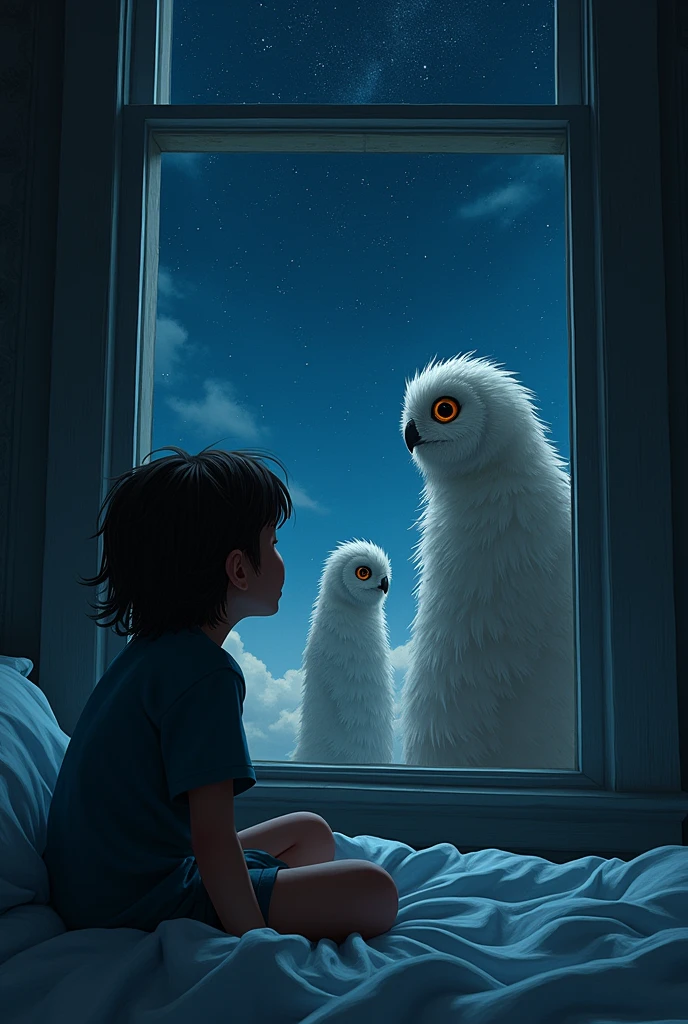 A long haired straight boy is in his room at night, he looks at the window because outside, There are two humanoids with owl heads and big black eyes, the body is covered by a cloak of feathers. starry sky