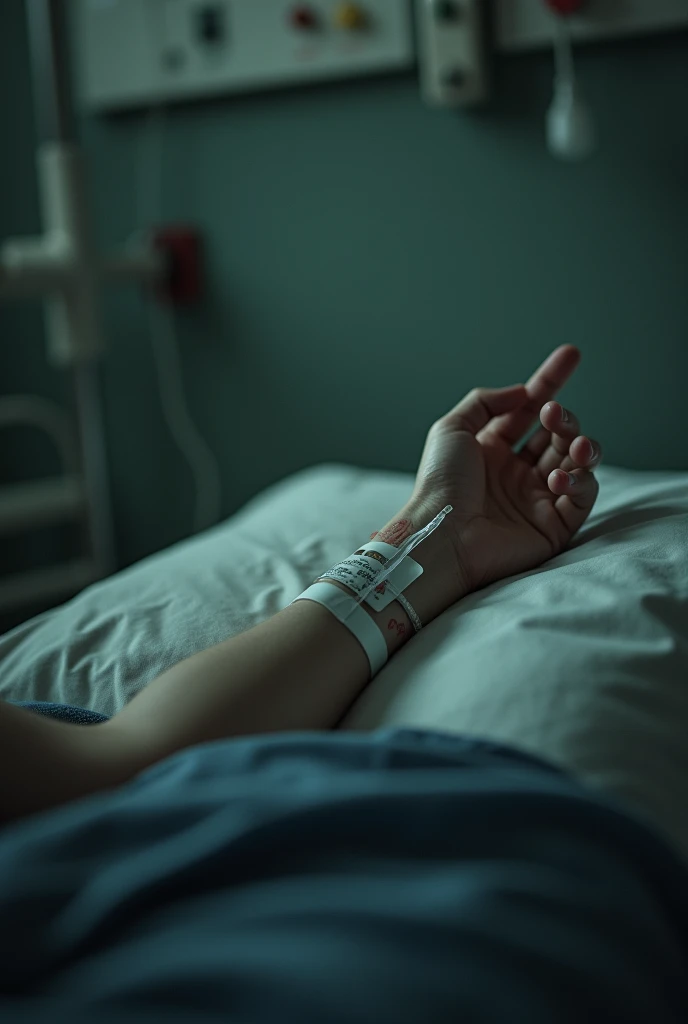 You can create an image of an arm resting on a hospital bed receiving IV fluids, and that the perspective is on the shoulder, a shoulder down view, that is, the hand and it looks subtly blurred at the end where the fingers are (clearly so that the shoulder is not visible) and on the wrist there are marks of scars like passed lines... with 100% realism% that the image is very dark and the bed and arm are leaning against the wall , that the person is not seen, Only the arm and hand are almost hanging from the bed, that the light doesn't look so artificial and the photo is a bit lacking in quality, The person doesn't have to be seen but the image is fine
