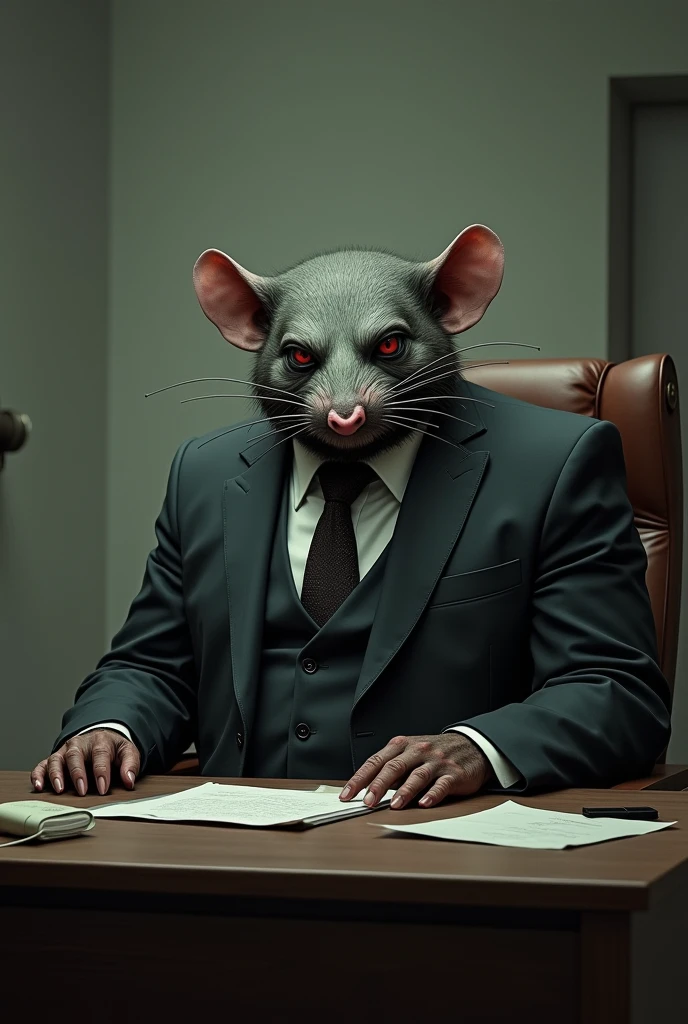 Create a rat-faced man. he wore a suit with tie. He is fat. his face looked cruel. he sat in an office with a chair and table