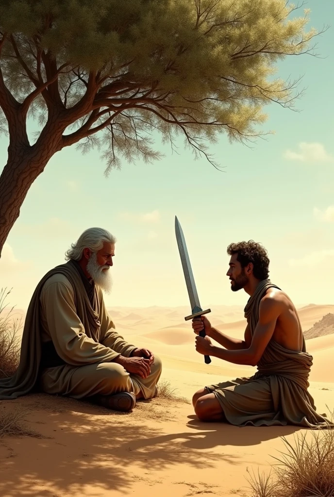 A man sits under a tree in the desert and another man with a sword is begging him for forgiveness