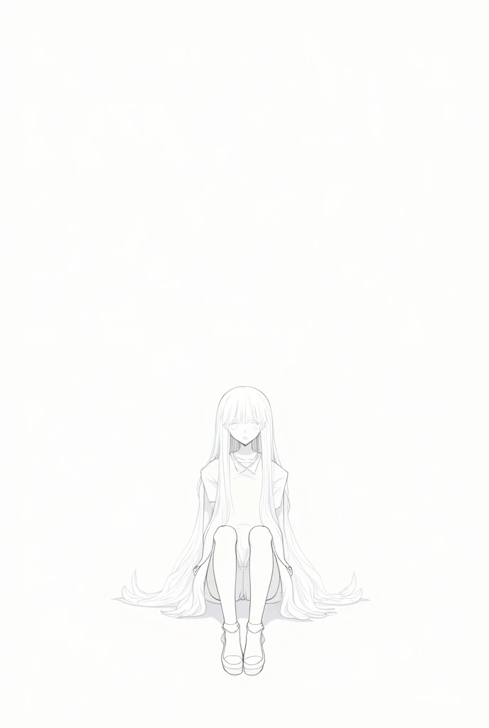 Lineart image of a girl sitting in the middle of a blank background Wearing high socks long white hair, white skin, white clothes, white shoes, white background line art.No colors
