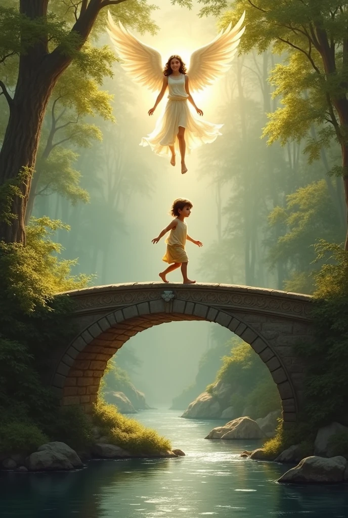 a child walks across a bridge across the river with the angel Gabriel above him
