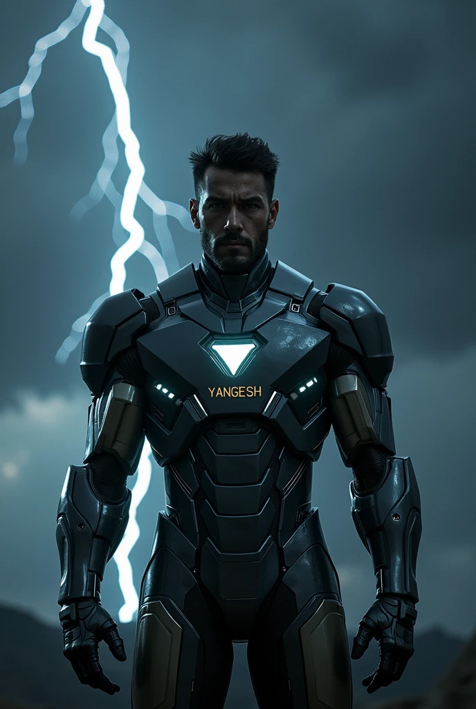 Who man stand in black night wearing a iron man suit with lightining name "yagnesh"
