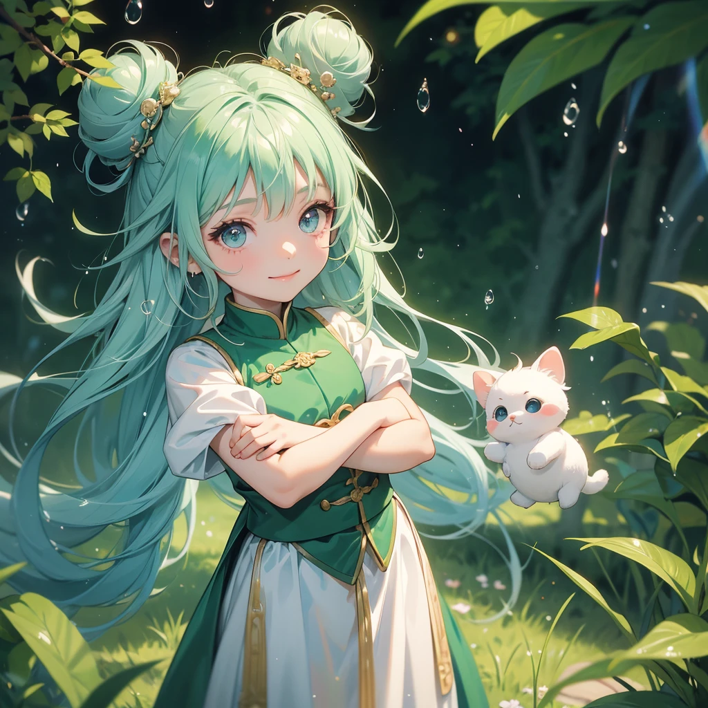 A chibi child girl had a small face and Wearing white little Taoist priest's outfit. A pair of big round eyes shone with curiosity about him. This child was so cute, Background is trees, vegetables, lush green, with water drops after rain, with water droplets everywhere, green

her hair is black with two buns on her hair.small chibi, chibi baby, smiling ,Chibi.

