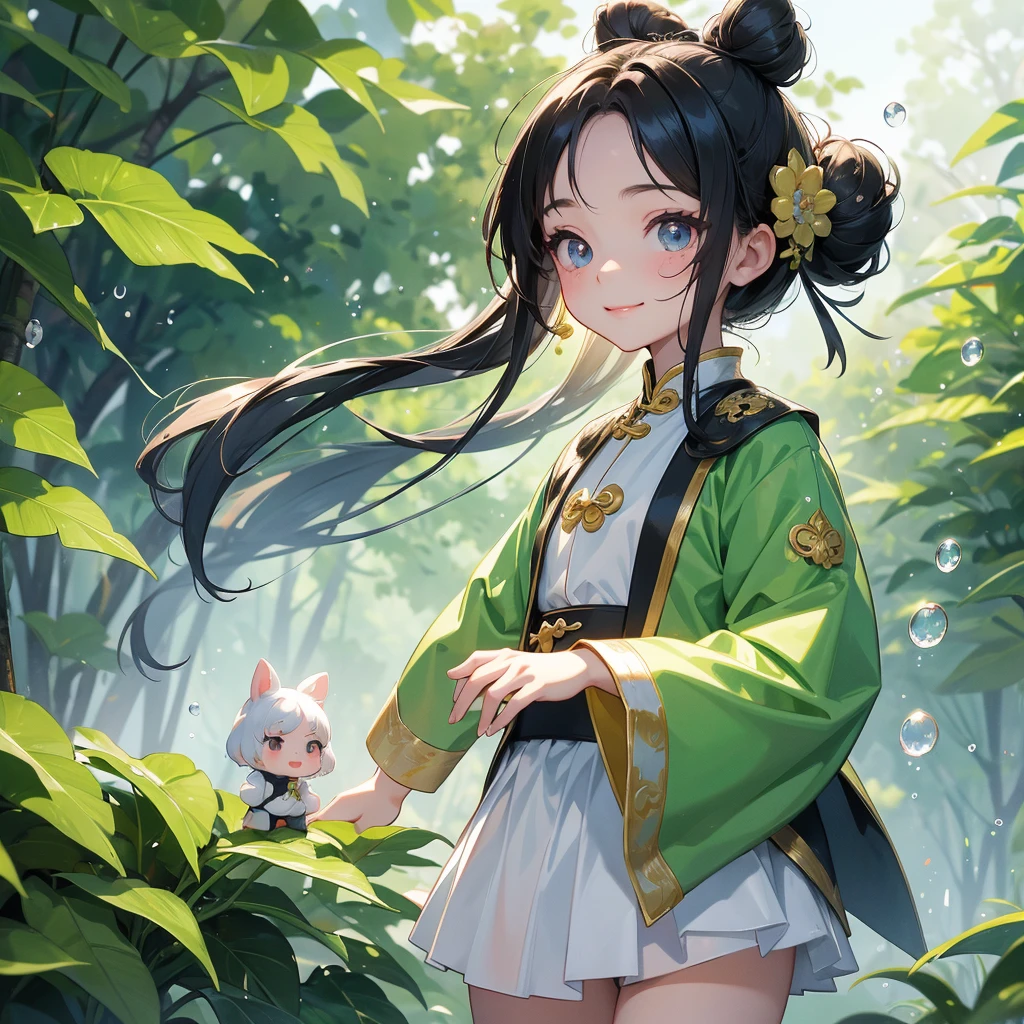 A chibi child girl had a small face and Wearing white little Taoist priest's outfit. A pair of big round eyes shone with curiosity about him. This child was so cute, Background is trees, vegetables, lush green, with water drops after rain, with water droplets everywhere, green
her hair is black with two buns on her hair.small chibi, chibi baby, smiling ,Chibi.