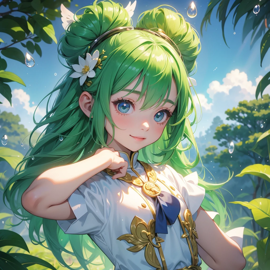 A chibi child girl had a small face and Wearing white little Taoist priest's outfit. A pair of big round eyes shone with curiosity about him. This child was so cute, Background is trees, vegetables, lush green, with water drops after rain, with water droplets everywhere, green

her hair is black with two buns on her hair.small chibi, chibi baby, smiling ,Chibi.

