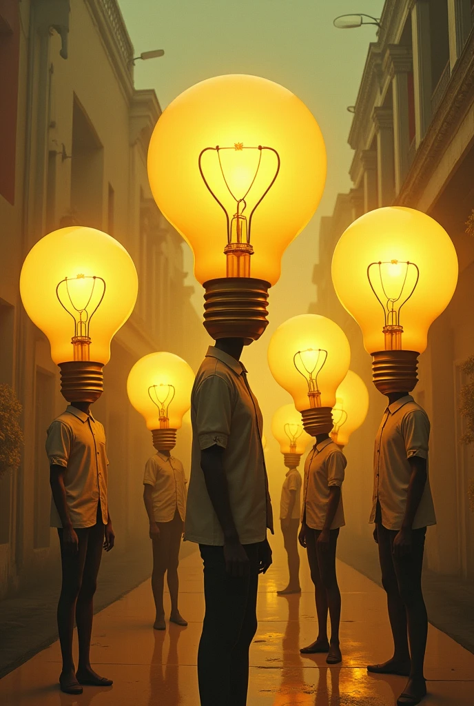 Improve that last image you created, people's heads need to be shaped more like a light bulb, It has to be half round and half oval, similar to those lamps that were used in houses here in Brazil a few years ago, those yellow lamps