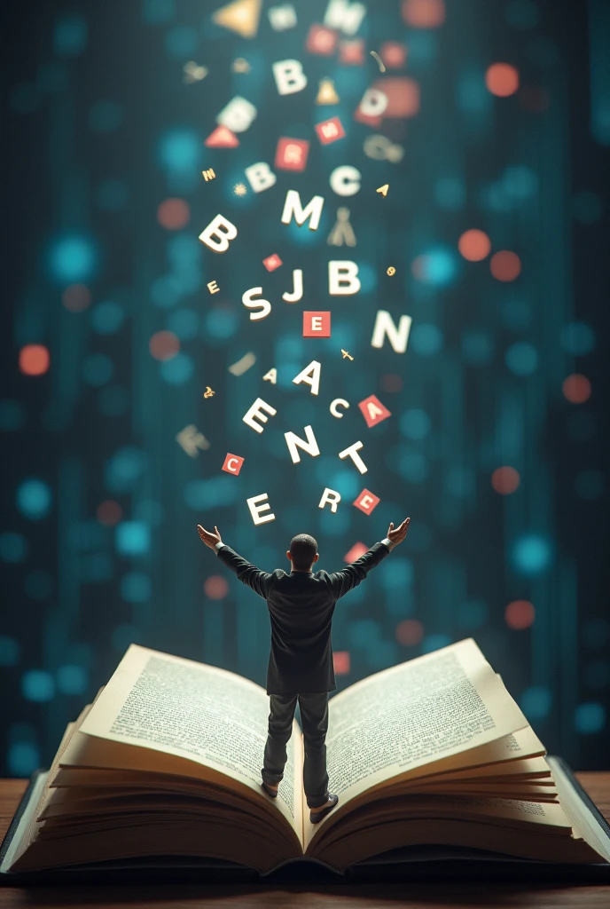 A complex image with a simple big meaning, letters falling on digital on a computer keyboard on a book, a man standing holding a tab