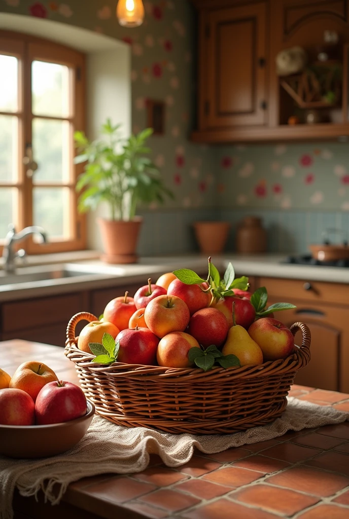 A beautiful, lush vintage kitchen, very harmonious with a table with lots of fruit inside a basket
