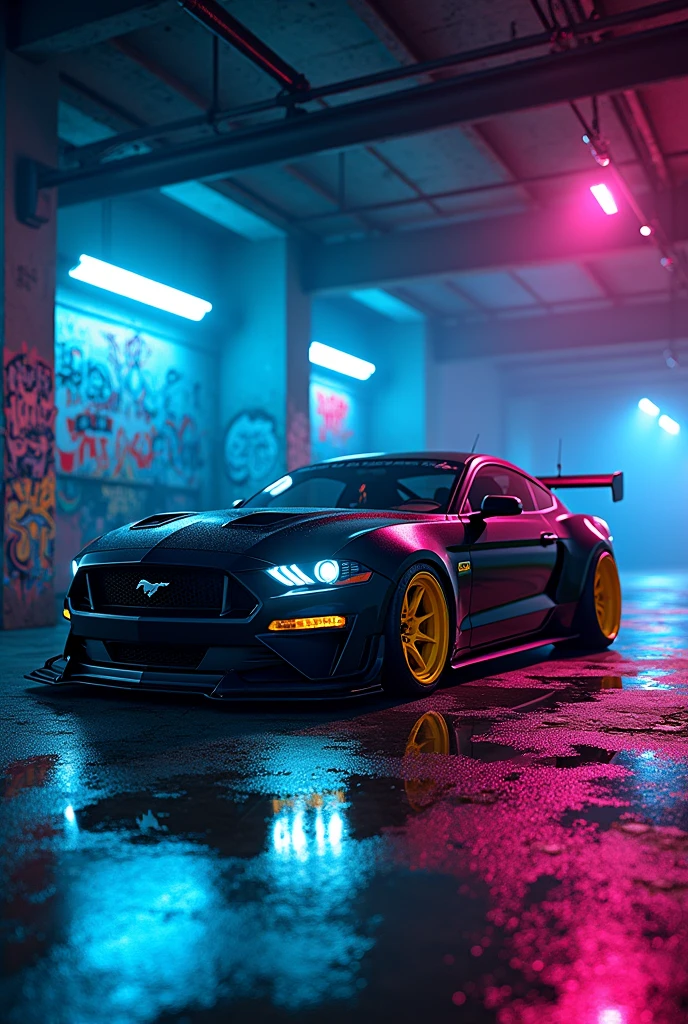 can u crate a ford mustang with bodykit in a garage with neon blue and pink and the garage is all wet with graffiti design and yellow wheels rotate the car to the right