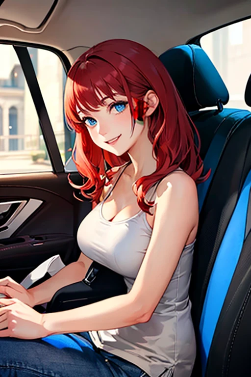 ((masterpiece)), (((best quality))), chromatic lighting,
colorized, red + white limited color palette,
detailed concept drawing, inside a car,
portrait, 20yo 1girl, medium soft breasts, slender, long red hair, blue eyes, smiling, no weird objects or colors on the face