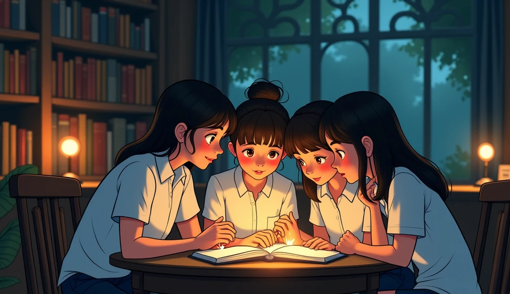 Cartoon 2d, A group of students wearing white shirts gathered in a dimly lit library, their faces illuminated by the warm glow of the reading lamps. They whisper secrets about a mysterious, hidden garden within the university grounds.
