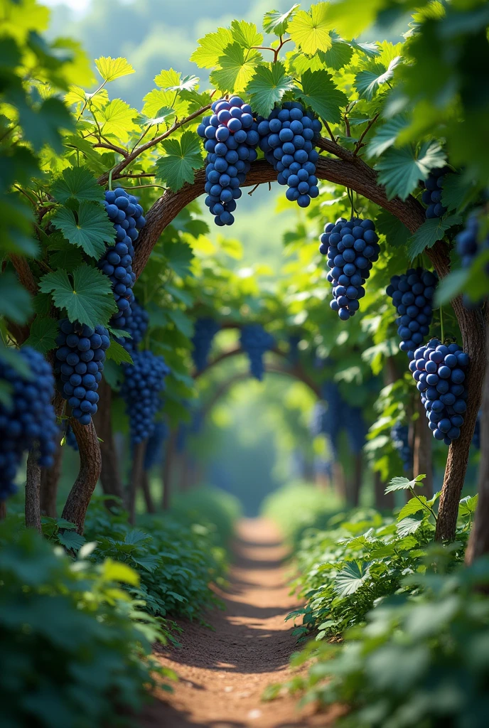Create an image of grape vines and grapes with a lushy green background 