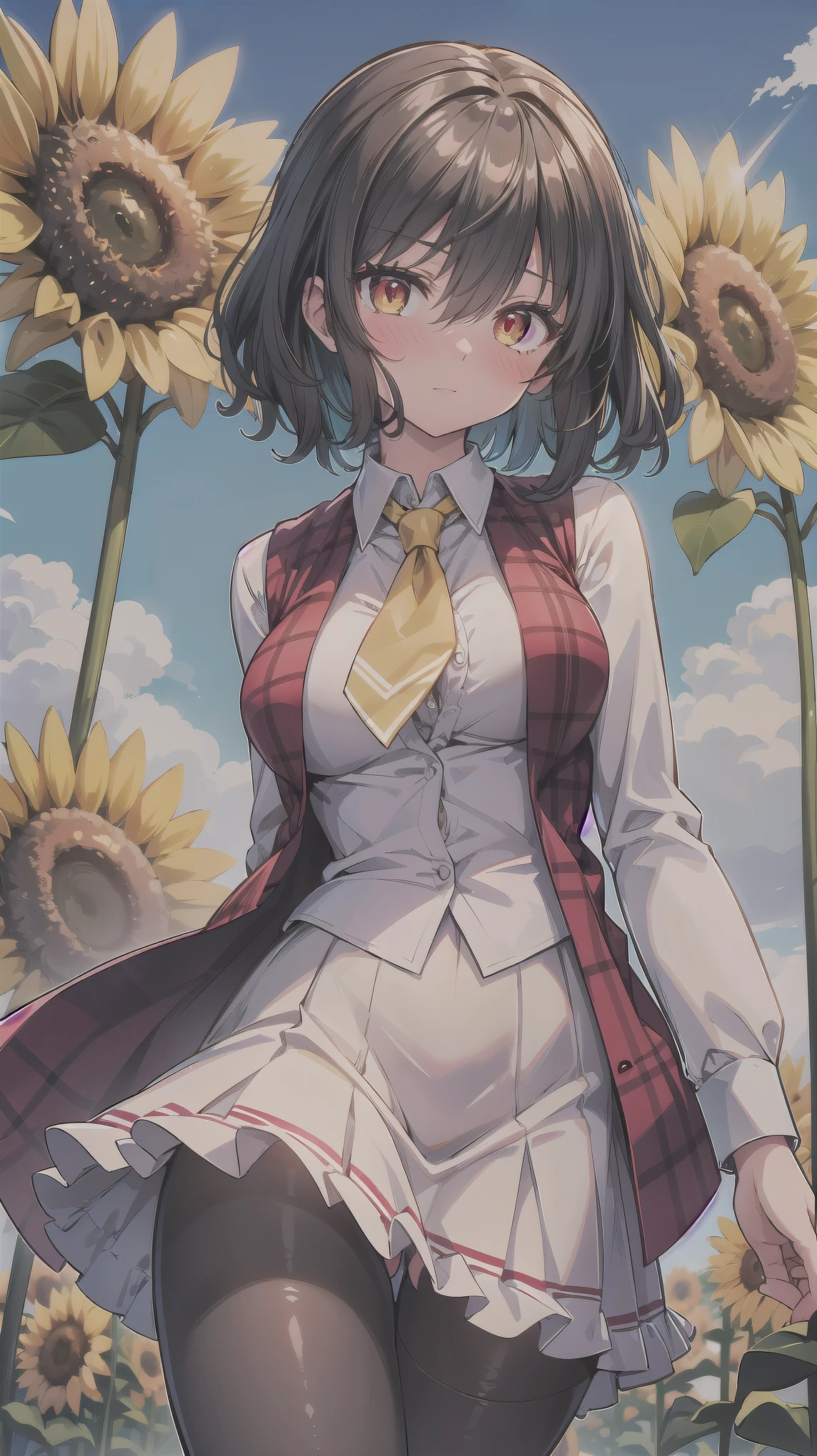 （（super high quality,Ultra-high resolution,16K,super masterpiece,Ultra HD ,Detailed shading,））One Woman,Wavy, shiny, bright emerald short hair,White dress shirt,Long sleeve,Yellow ruffled tie,（Unbuttoned red checked vest,Checkered red very long skirt,）Black tights,Ruby glowing eyes,Vertical pupil,Sharp Eyes,Embarrassing,blush,a blue sky with clouds and sun,Sunflower field,