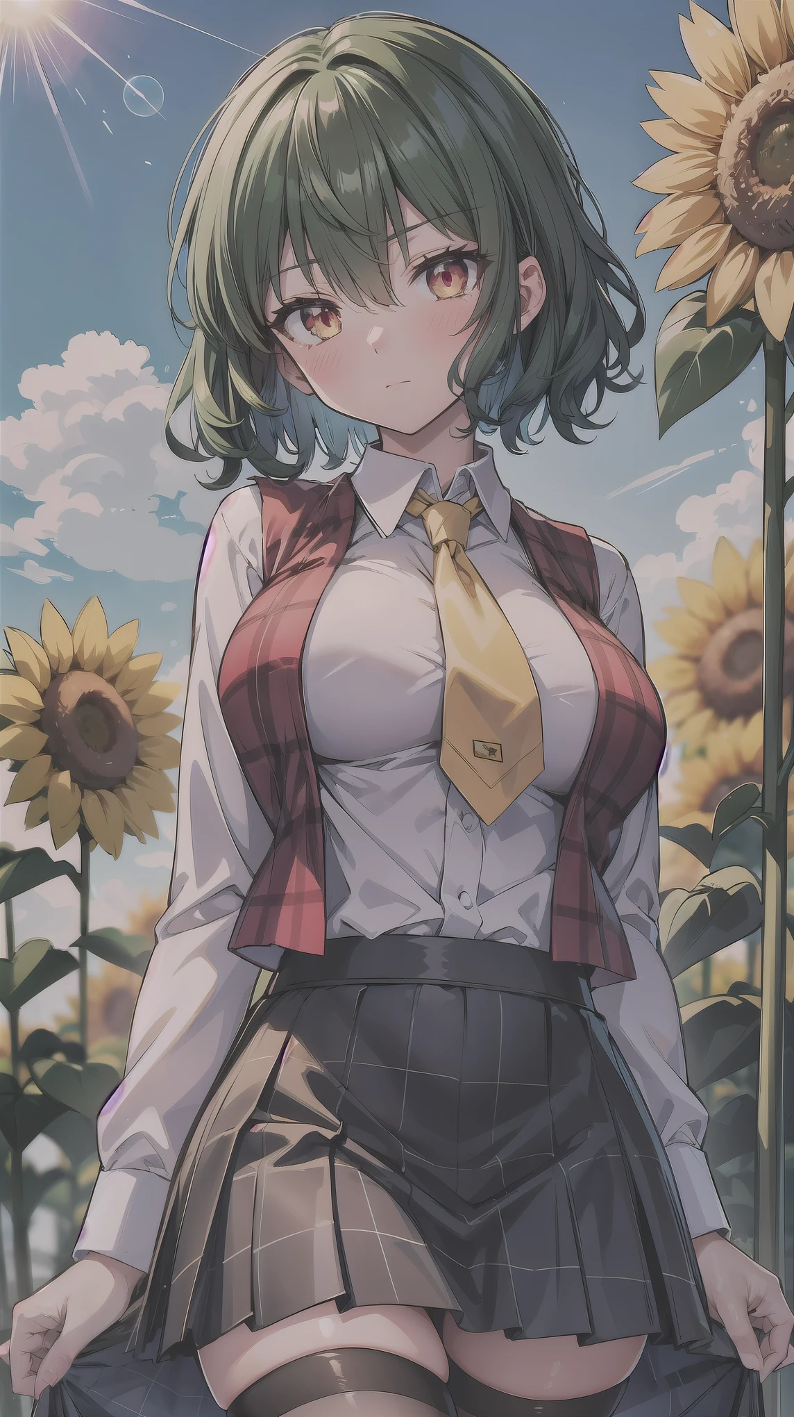 （（super high quality,Ultra-high resolution,16K,super masterpiece,Ultra HD ,Detailed shading,））One Woman,Wavy, shiny, bright emerald short hair,White dress shirt,Long sleeve,Yellow ruffled tie,（Unbuttoned red checked vest,Checkered red very long skirt,）Black tights,Ruby glowing eyes,Vertical pupil,Sharp Eyes,Embarrassing,blush,a blue sky with clouds and sun,Sunflower field,