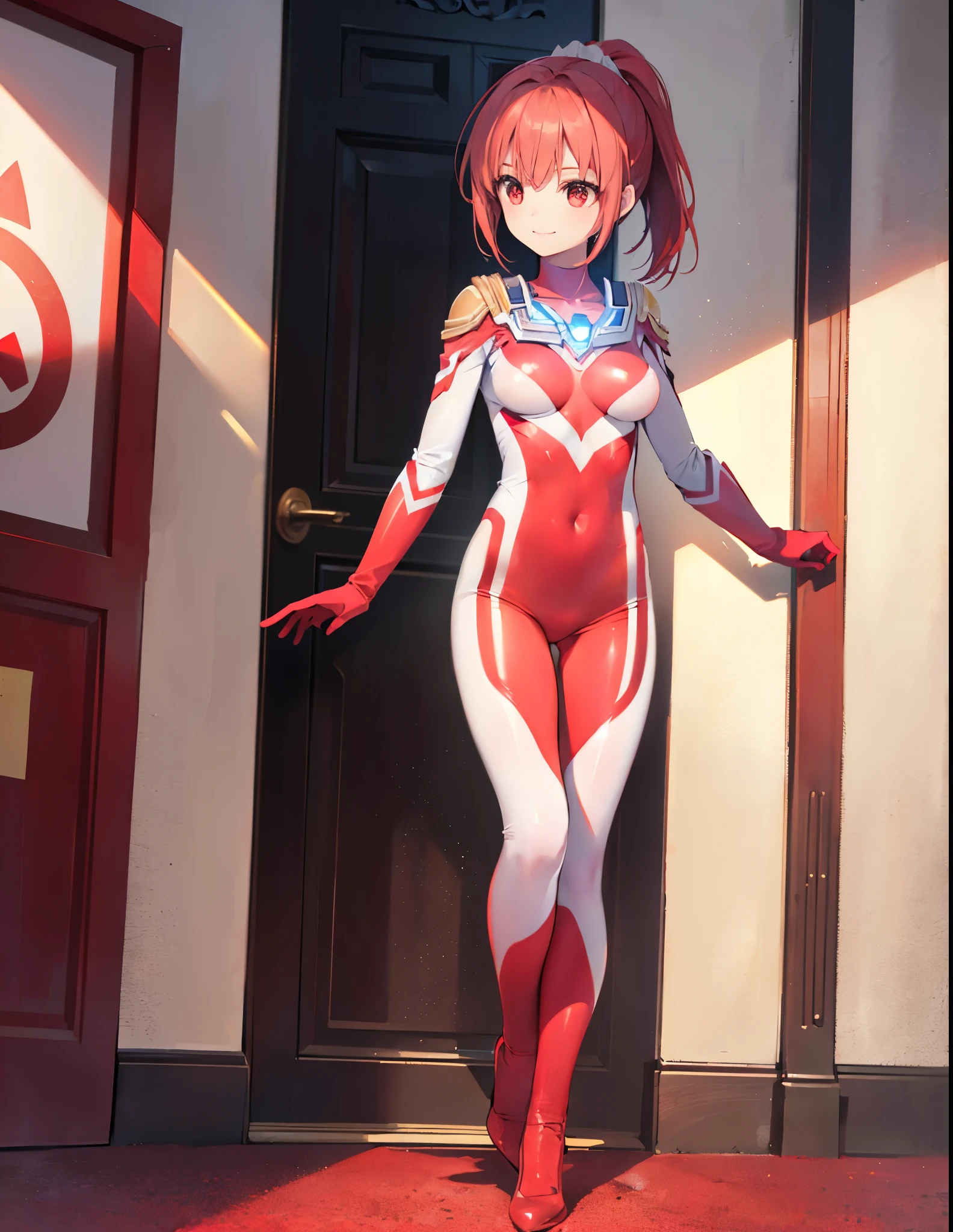 (Close-up:1.3),Realistic,Highest quality, Ultra Detail, High-quality CG rendering, The most delicate and beautiful, Floating softly, High resolution, (1 female), (Highest quality,4K,8k,masterpiece:1.2),(All red hair:1.5), (ponytail:1.5),(Red eyes:1.5), (Ultra Girl:1.0), (All red Ultraman ????????:1.5),(Do not expose your skin:1.5),(Slightly larger ???????:1.5),(Red gloves:1.4),(Red Shoes:1.4),(whole body:1.3),(smile:1.3),In a small room,(Are standing:1.4),(Put one hand on your ?????:1.3),(front:1.3)
