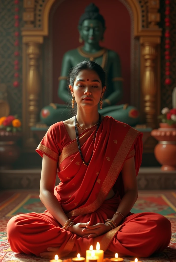A mother wearing red saree, sitting in pooja room, navel visible
