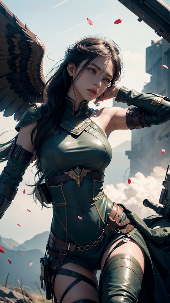 Wide-angle, full-length, a (stunningly beautiful Valkyrie) holding a sleeping male soldier dressed in modern war-gear in her arms, flying into Valhalla, after (glorious combat, epic), incredible, awe, beautiful, highly detailed, well drawn face features, highest quality, divine, prismatic analogous colors, dynamic composition, delicate, cinematic lighting, sublime, striking scene, sharp and crisp image, ultra realistic, (petals in the air)