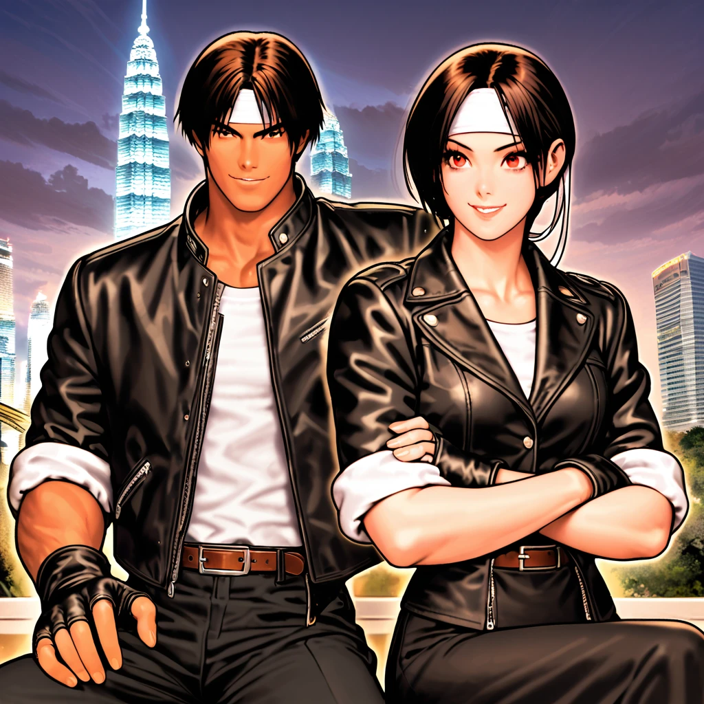 Orochiquillo, dark skin, couple, two people, man and woman, red eyes, ((black leather jacket with rolled up arms)), fingerless gloves, black hair, white T-shirt, ((white headband)), black pants, white shoes, brown belt, handsome, shot, charming, masterpiece, high resolution, detailed face, fine grain, night, cloudy sky, confident smiling, with lover, Petronas Twin Towers, Malaysia, dining on terrace, same clothes and hairstyle for both sexes, hands on head, toothy smile, sitting cross-legged